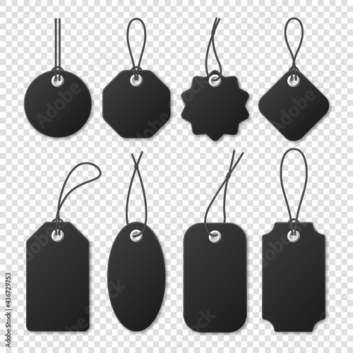 Realistic black price tags collection. Special offer or shopping discount label. Retail paper sticker. Blank promotional sale badge. Vector illustration.