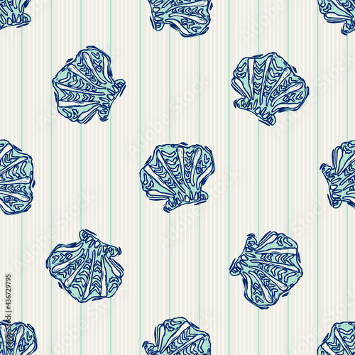 Coastal shell drawn etching seamless pattern. Marine 2 tone seashell printed background for interior textiles. and modern trendy maritime fashion. Sea life all over design vector repeat.
