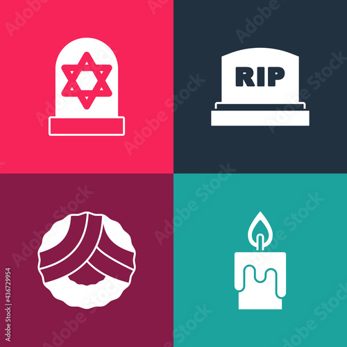 Set pop art Burning candle, Memorial wreath, Tombstone with RIP written and Grave star of david icon. Vector