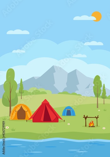 Landscape with Mountains, Lake, trees, camping tents
