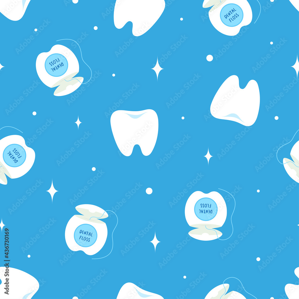 cartoon seamless pattern with teeth and dental floss