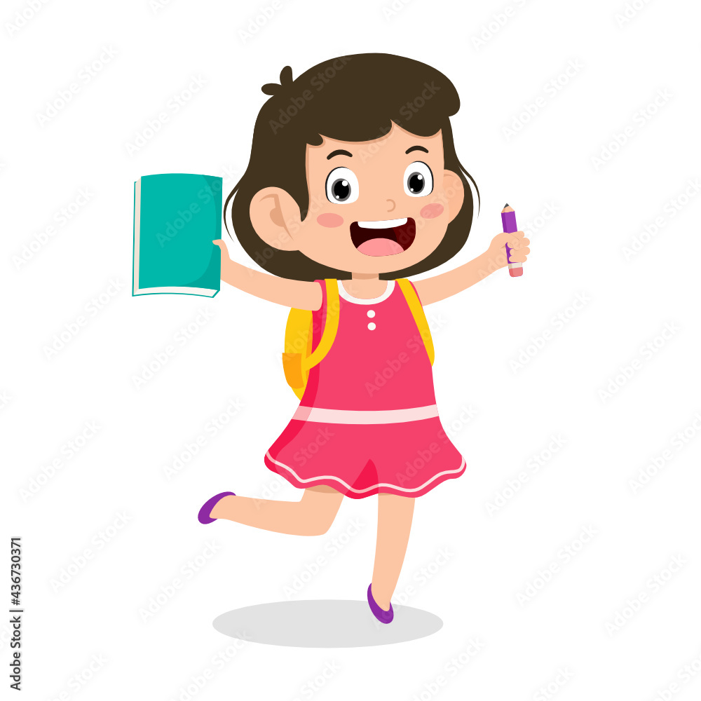Back to school. Cute little girl kid happy smile at school on the first day of school. Children with student bags and books for learning. character vector illustration. Back to school. Cute little girl kid happy smile at school on the first day of school. Children with student bags and books for learning. character vector illustration.
