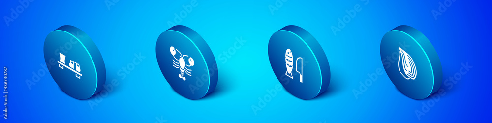 Set Isometric Sushi on cutting board, Fish with sliced pieces, Mussel and Lobster icon. Vector Set Isometric Sushi on cutting board, Fish with sliced pieces, Mussel and Lobster icon. Vector