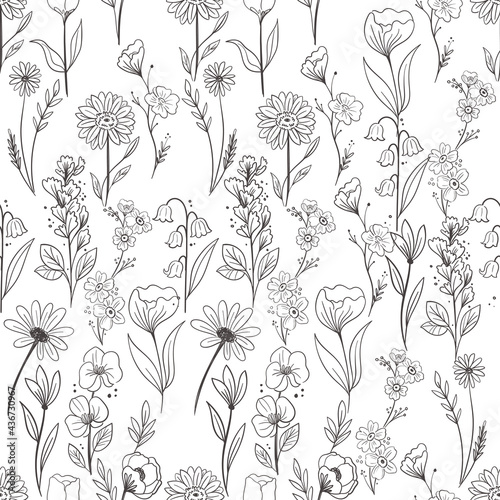 Hand drawn flower pattern, creative floral background, floral element, black line painted flower pattern