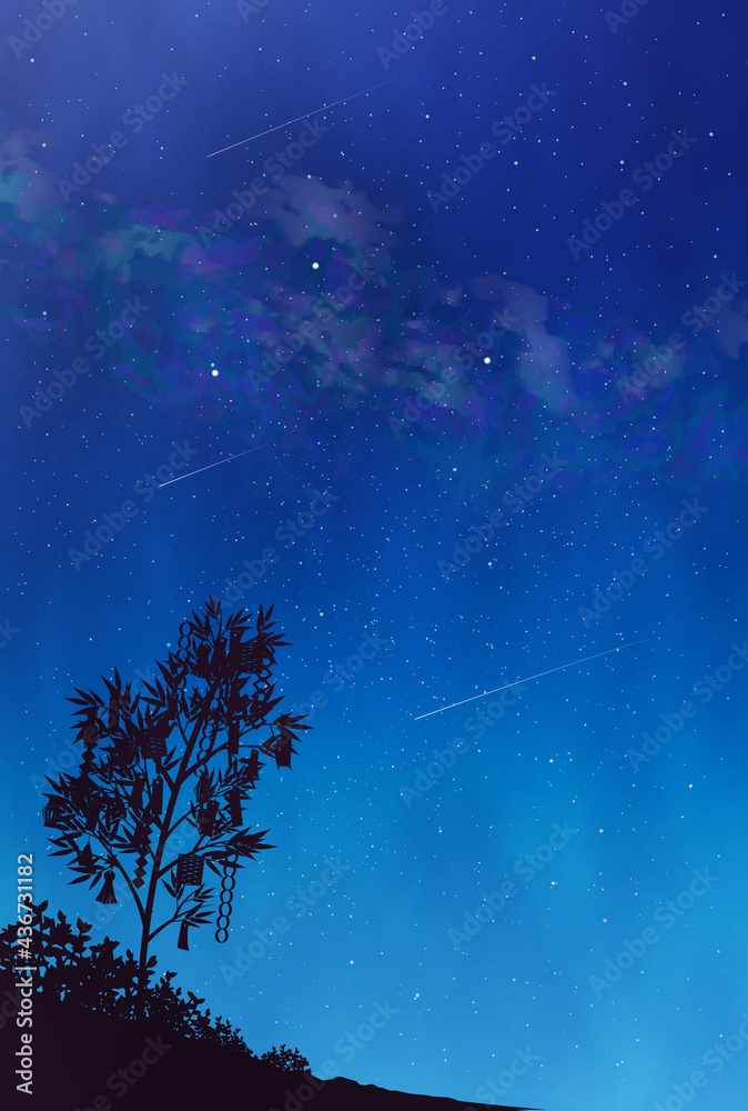 Vecteur Stock 天の川と夏の大三角の風景イラスト 水彩 七夕 短冊 背景素材 縦 Adobe Stock