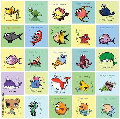 Cute cat mermaids,  fishes, whales and other sea animals vector doodle illustration for kids