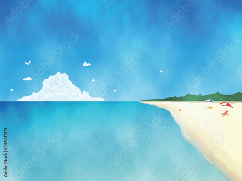 夏のビーチと青い海の風景イラスト　水彩　背景素材