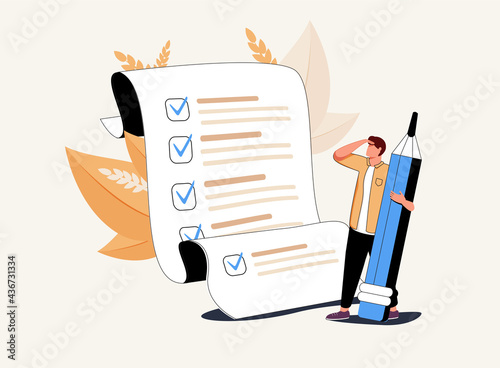 Man with pencil marking completed tasks on to-do list. Concept of time management, work planning method, organization