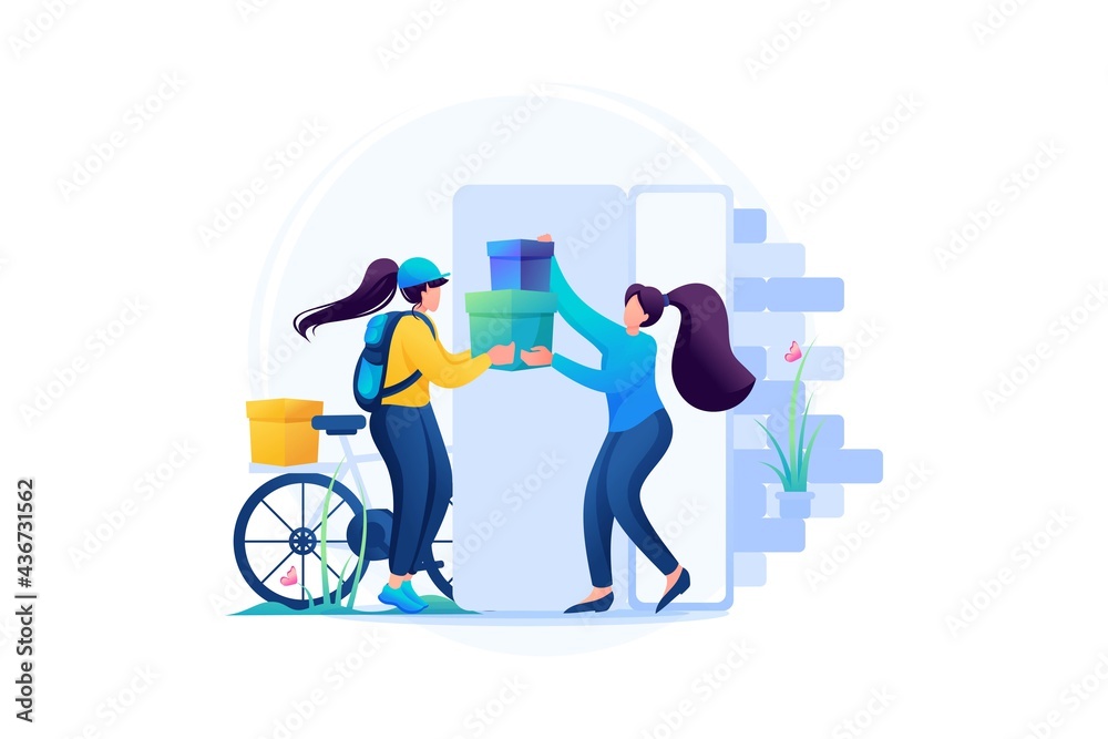 Courier Puts The Delivery In The Hands Of The Customer, The Woman Is Happy To Buy. Flat 2D Web Design Courier Puts The Delivery In The Hands Of The Customer, The Woman Is Happy To Buy. Flat 2D Web Design