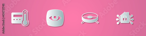 Set paper cut Thermostat, Security camera, Robot vacuum cleaner and Smart home icon. Paper art style. Vector