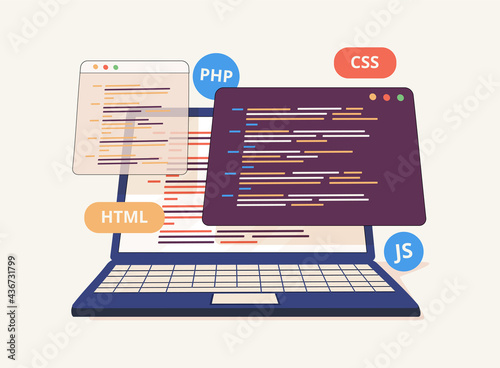 Website programming and coding. Web development and coding. 3D Vector Illustrations. Back end development abstract