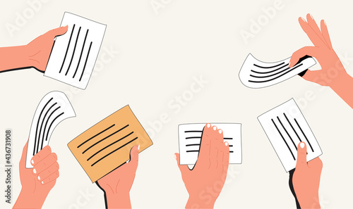 The voting process, bidding, hands raised up with papers. Sale and buy. Thin outline vector illustration on white.