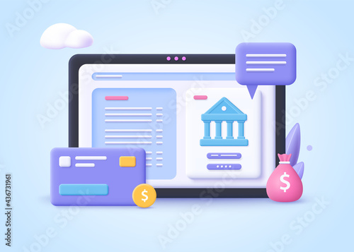 Concept of Banking Operation.  Financial transactions, payments, online banking, money transfers and bank account. 3d vector illustration.