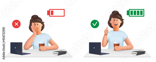 Young woman Jane - burnout concept. Tired, sleepy woman and happy, energetic woman with full and low energy battery working on computer in workplace.. 3d vector people character illustration.