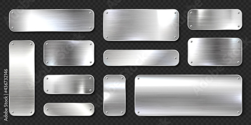 Realistic shiny metal banners set. Brushed steel plate with screws. Polished silver metal surface. Vector illustration.