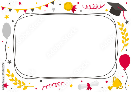 Rectangular graduation frame with doodle style elements. Hand drawn holiday background with laurel branches, balloons, stars and a graduate cap. Vector illustration for diplomas and certificates.