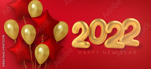 Gold metallic balloon numbers 2022 on red background. Vector
