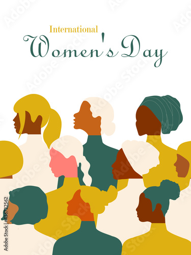 Postcard with International Women's Day. Postcard template in trending colors 2021 with women of different nationalities and religions. Vector graphics.