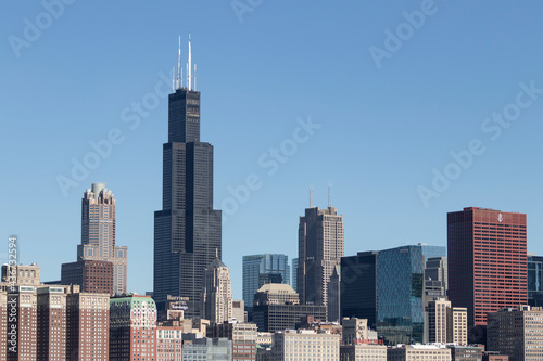 Chicago downtown skyline from Lake Michigan on a sunny day.