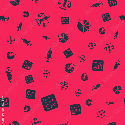 Set Route location, Scales of justice, Syringe and Circle pieces on seamless pattern. Vector