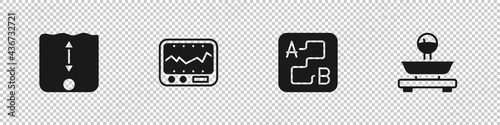 Set Depth measurement, Measuring instrument, Route location and Scales icon. Vector