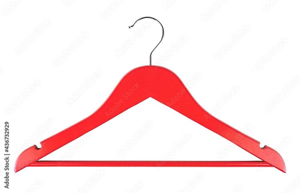 Red wooden clothes hanger isolated on a white background, top view. Red wooden clothes hanger isolated on a white background, top view.