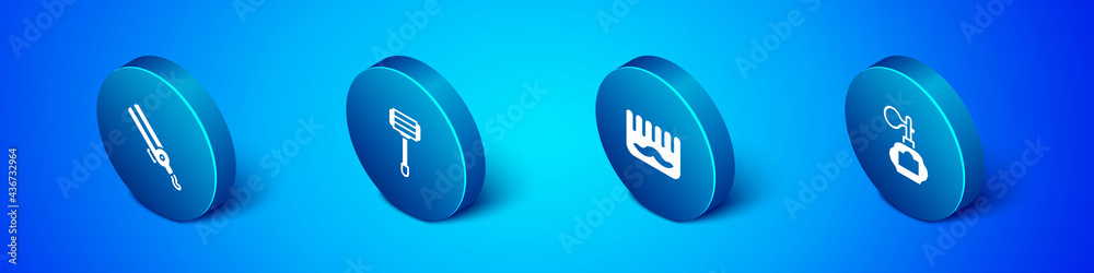 Set Isometric Curling iron, Hairbrush, Aftershave and Shaving razor icon. Vector Set Isometric Curling iron, Hairbrush, Aftershave and Shaving razor icon. Vector