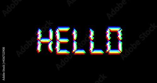 4K stock video. Animation of word Hello with Digital glitch. Retro futuristic motion animated footage, white text animation on black background, Noised tv style. Distortion, Noise and glitch effect. 