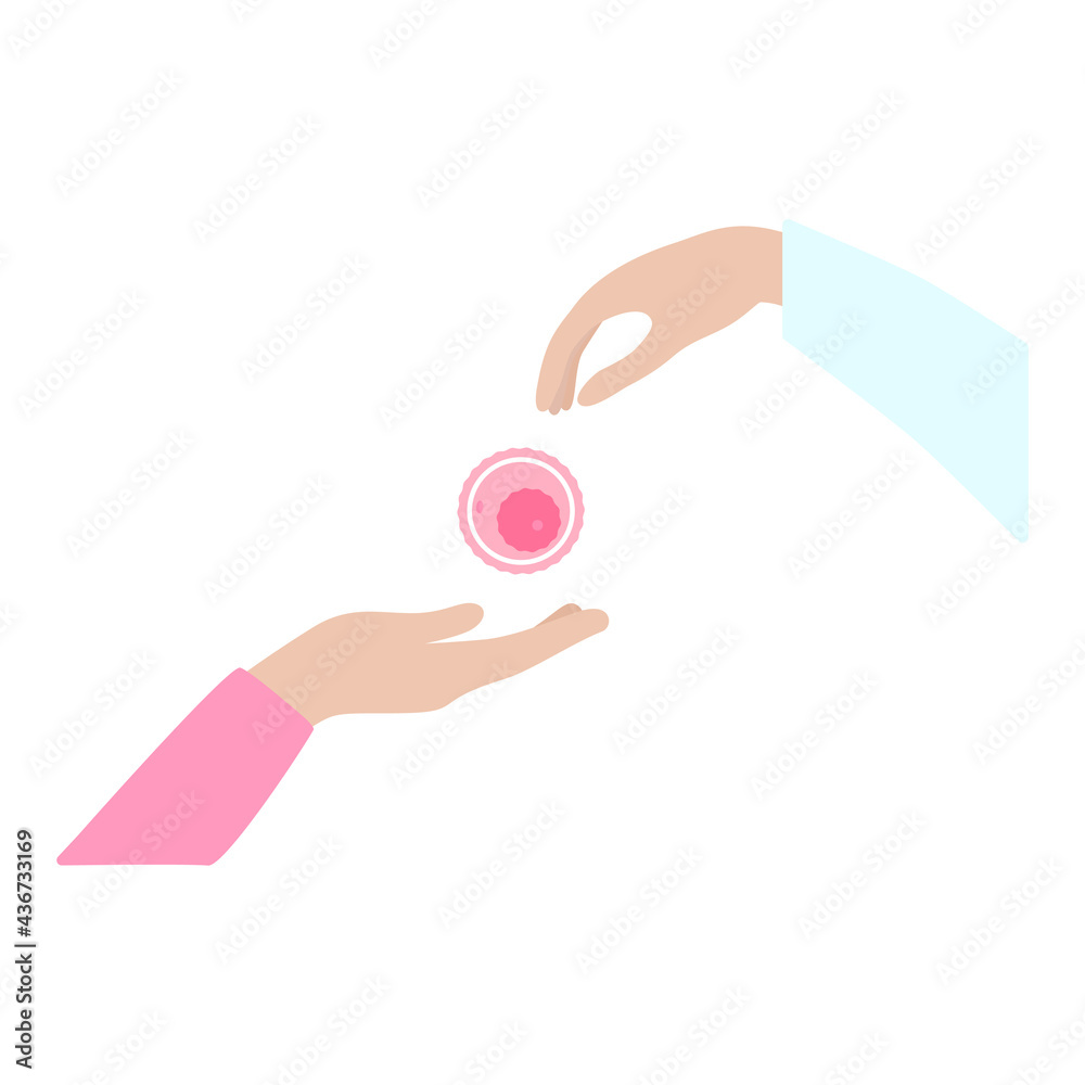Egg donation. Hand giving an oocyte to the other hand. Vector illustration of donation concept - obrazy, fototapety, plakaty 