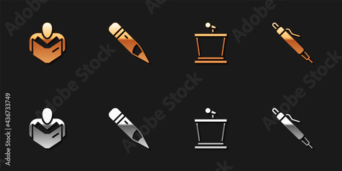 Set Man reading book, Pencil with eraser, Stage stand and icon. Vector
