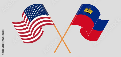 Crossed flags of the USA and Liechtenstein. Official colors. Correct proportion