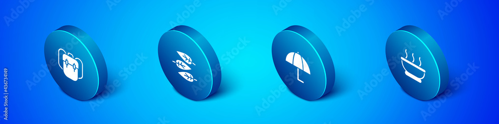 Set Isometric School backpack, Umbrella, Bowl of hot soup and Leaf or leaves icon. Vector Set Isometric School backpack, Umbrella, Bowl of hot soup and Leaf or leaves icon. Vector