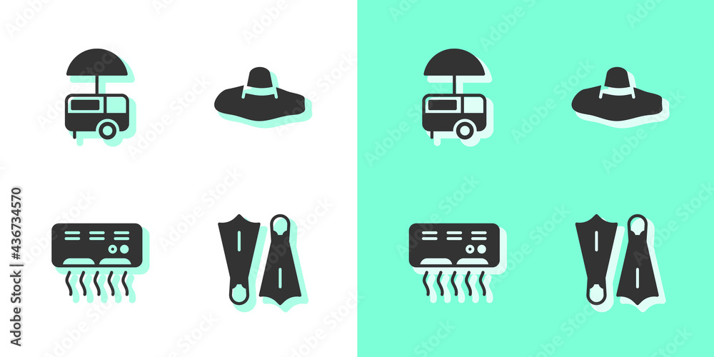 Set Rubber flippers for swimming, Fast street food cart, Air conditioner and Elegant women hat icon. Vector Set Rubber flippers for swimming, Fast street food cart, Air conditioner and Elegant women hat icon. Vector