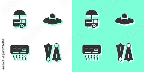 Set Rubber flippers for swimming, Fast street food cart, Air conditioner and Elegant women hat icon. Vector