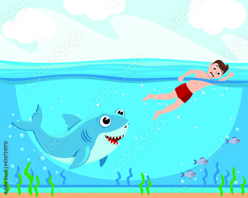 Shark chasing a man, underwater world nature. The character