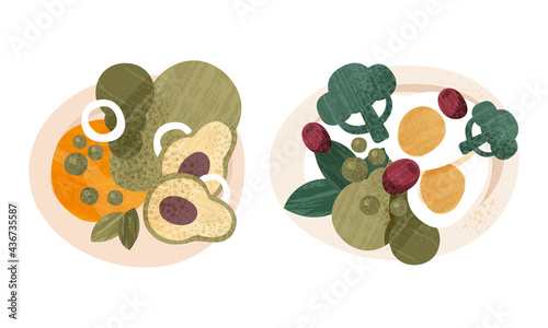 Fototapeta Naklejka Na Ścianę i Meble -  Healthy Food on Plates Set, Egg, Avocado, Broccoli, Olive, Peas Cartoon Vector Illustration