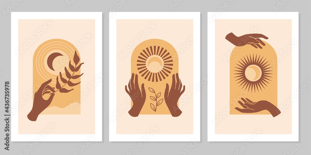 Set of boho aesthetic modern background with hand, leaf, sun, moon, arch. Esoteric, spiritual, wicca occult inspired concept. Design for cosmetics, jewelry, handmade products, T-shirt graphic, cards