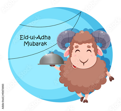 Eid Al Adha Mubarak greeting card. Cartoon sheep