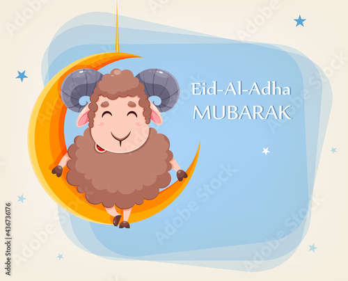 Eid Al Adha Mubarak greeting card. Cartoon sheep