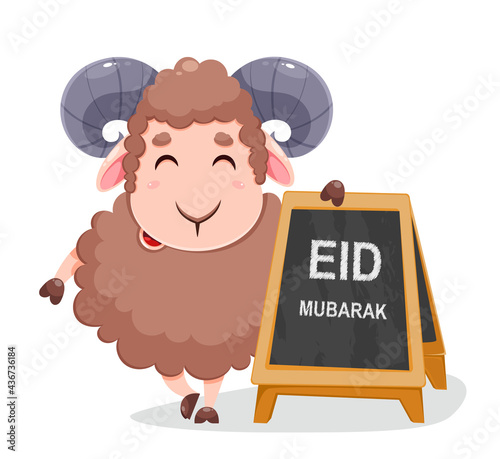 Eid Al Adha Mubarak greeting card. Cartoon sheep