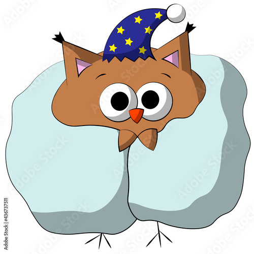 Cute cartoon Owl with blanket. Draw illustration in color