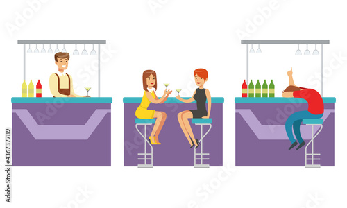 People Drinking Alcohol Drinks at the Bar, Bartender Serving Visitors Cartoon Vector Illustration