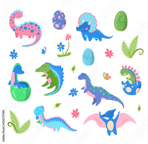 Cartoon Color Characters Cute Baby Dinosaurs Set. Vector