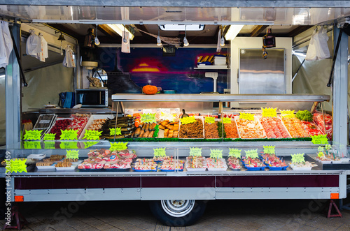 Food truck with fresh and smoked seafood and fish for sale in Ostend, Belgium  photo