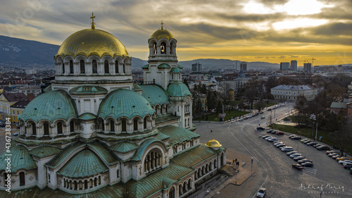 Aerial shot of the Cathedral Saint Aleksandar Nevski and buildings in Sofia, Bulgaria photo
