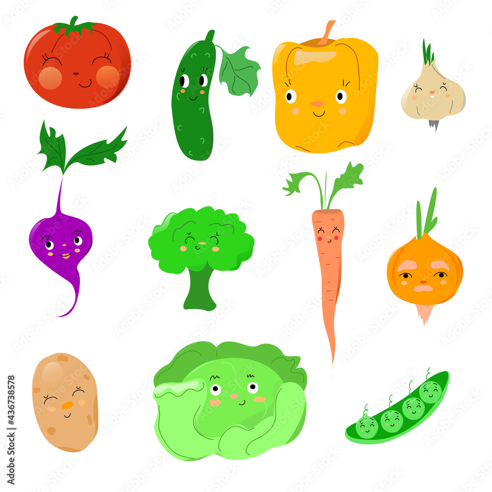 Fototapeta premium Set of vegetables with faces and facial expressions and smiles and eyes. Vegetable characters.