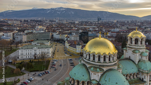 Aerial shot of the Cathedral Saint Aleksandar Nevski and buildings in Sofia, Bulgaria