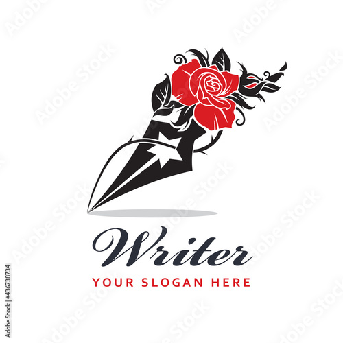 writer icon with feather pen and rose isolated on white background