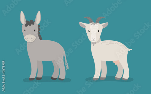 Сartoon animals collection in flat style isolated on white background: donkey and goat © Julia