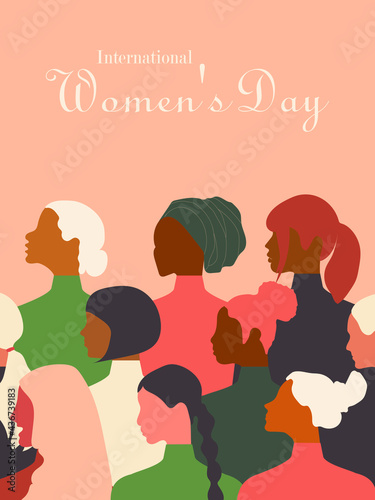 Postcard with International Women's Day. Postcard template in trending colors with women of different nationalities and religions. Vector graphics.